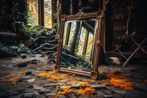 A broken mirror in a lost place created with generative AI technology. photo