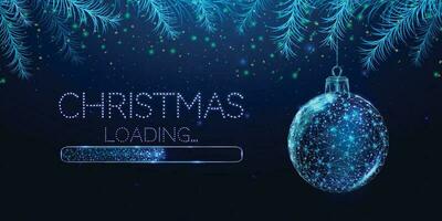 Wireframe Christmas ball and loading bar, low poly style. Merry Christmas and New Year banner. Abstract modern 3d vector illustration on blue background.