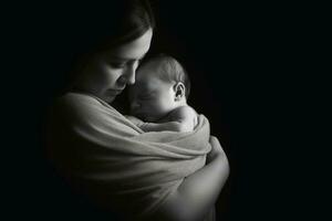 A mother holding her baby in her arms created with generative AI technology. photo