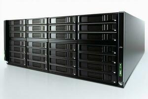 Rack housing server data storage hardware created with generative AI technology. photo