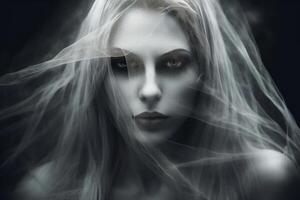 A creepy woman with a dark spooky make up created with technology. photo