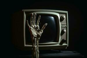 A hand reaching out at an old television created with generative AI technology. photo