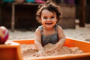 A happy small child playing in a sandbox created with technology. photo