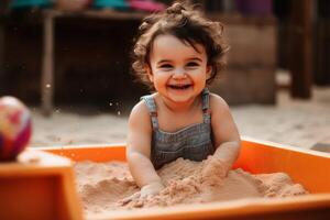 A happy small child playing in a sandbox created with generative AI technology. photo