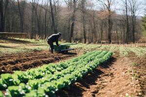 trabajando en un granja creado con generativo ai tecnología. foto