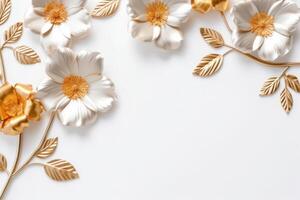 Golden flowers border on a white background created with generative AI technology. photo