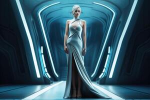 A woman in a futuristic elegant dress created with generative AI technology. photo