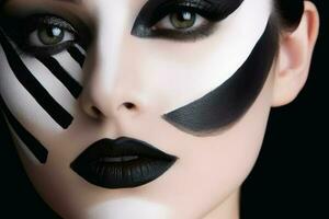 retrato de un mujer con un negro y blanco maquillaje separando el cara creado con generativo ai tecnología.
