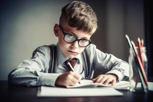 A school boy doing homework created with generative AI technology. photo