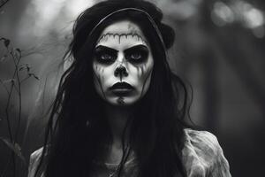 A creepy woman with a dark spooky make up created with technology. photo