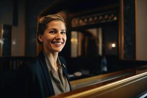 A friendly woman at the reception of a hotel created with technology. photo