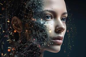 Stunning portrait of a futuristic womans face created with technology. photo