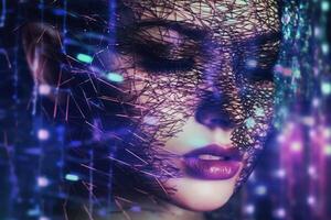 Close up of a beautiful cyberspace female face in a chaotic surreal style created with technology. photo