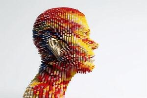 Concept of a 3D human head made of pixels created with generative AI technology. photo