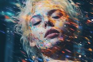 Close up of a beautiful cyberspace female face in a chaotic surreal style created with technology. photo