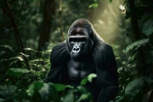 A big gorilla in the jungle created with generative AI technology. photo