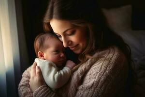 un madre participación su bebé en su brazos creado con generativo ai tecnología. foto