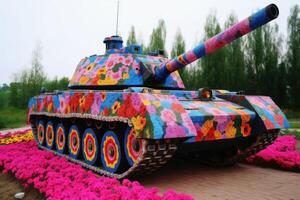 A tank on which many colourful flowers grow created with generative AI technology. photo