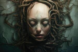 Deeply unsettling surrealist horror portrait created with technology. photo
