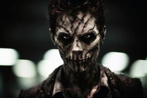A creepy man with a gloomy make up on his face created with technology. photo