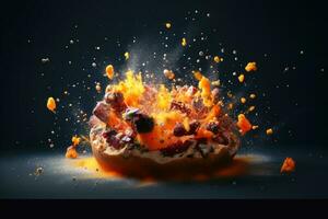 explotando Pizza en un oscuro antecedentes creado con generativo ai tecnología. foto
