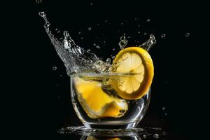 A lemon slice splashing into a cold cocktail created with generative AI technology. photo