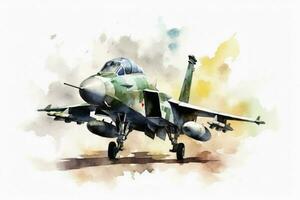 Watercolor military jet on white background created with generative AI technology. photo