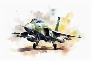 Watercolor military jet on white background created with technology. photo