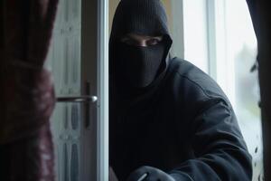 A burglar breaking down a flat door created with technology. photo