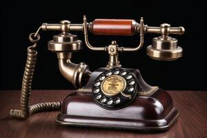 A vintage telephone on a wooden table created with generative AI technology. photo