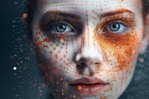 Stunning portrait of a futuristic womans face created with technology. photo