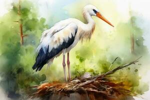 Watercolor painted white stork on a white background. photo