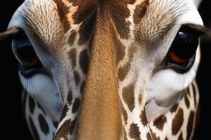 A close up portrait of mesmerizing giraffe photography created with generative AI technology. photo