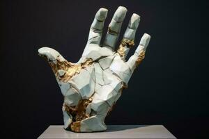 A sculpture of a broken human hand created with generative AI technology. photo