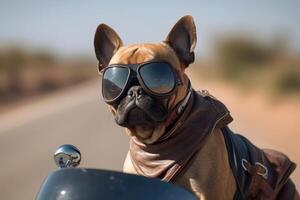 A dog riding a motorbike created with technology. photo