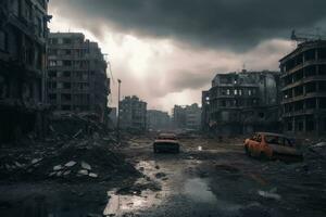 Post apocalyptic and destroyed buildings in a big city created with generative AI technology. photo
