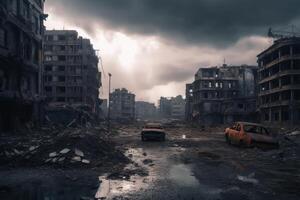 Post apocalyptic and destroyed buildings in a big city created with technology. photo