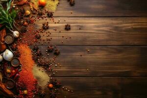 Top view of a lot of spices on a wooden table with copy space created with generative AI technology. photo