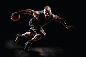 A professional basketball player in an action shot created with technology. photo