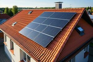 fotovoltaica sistema en el techo de un residencial casa creado con generativo ai tecnología. foto