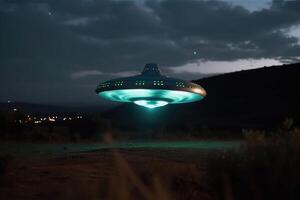 A close up view of a UFO with a spotlight pointed at the bottom of the landscape created with technology. photo