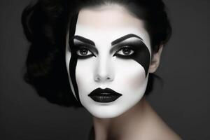 Portrait of a woman with a black and white makeup separating the face created with technology. photo