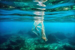 Single plastic waste bag under water in the ocean created with technology. photo