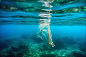 Single plastic waste bag under water in the ocean created with generative AI technology. photo