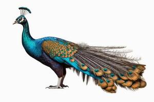 A beautiful peacock on a white background created with generative AI technology. photo