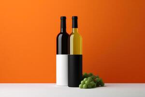 Wine concept of tasty wine in glasses and bottles created with generative AI technology. photo