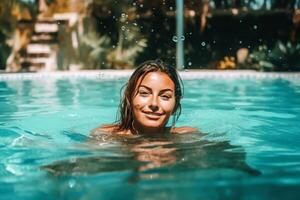 un atractivo mujer en un nadando piscina creado con generativo ai tecnología. foto