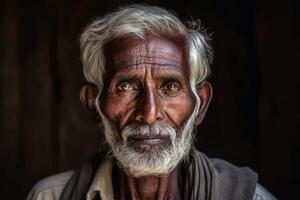 An old indian man portrait created with generative AI technology. photo