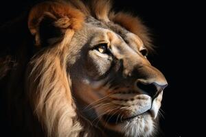 A closeup of a male Lion on a black background created with generative AI technology. photo