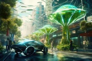 Electric car city green energy concept created with generative AI technology. photo